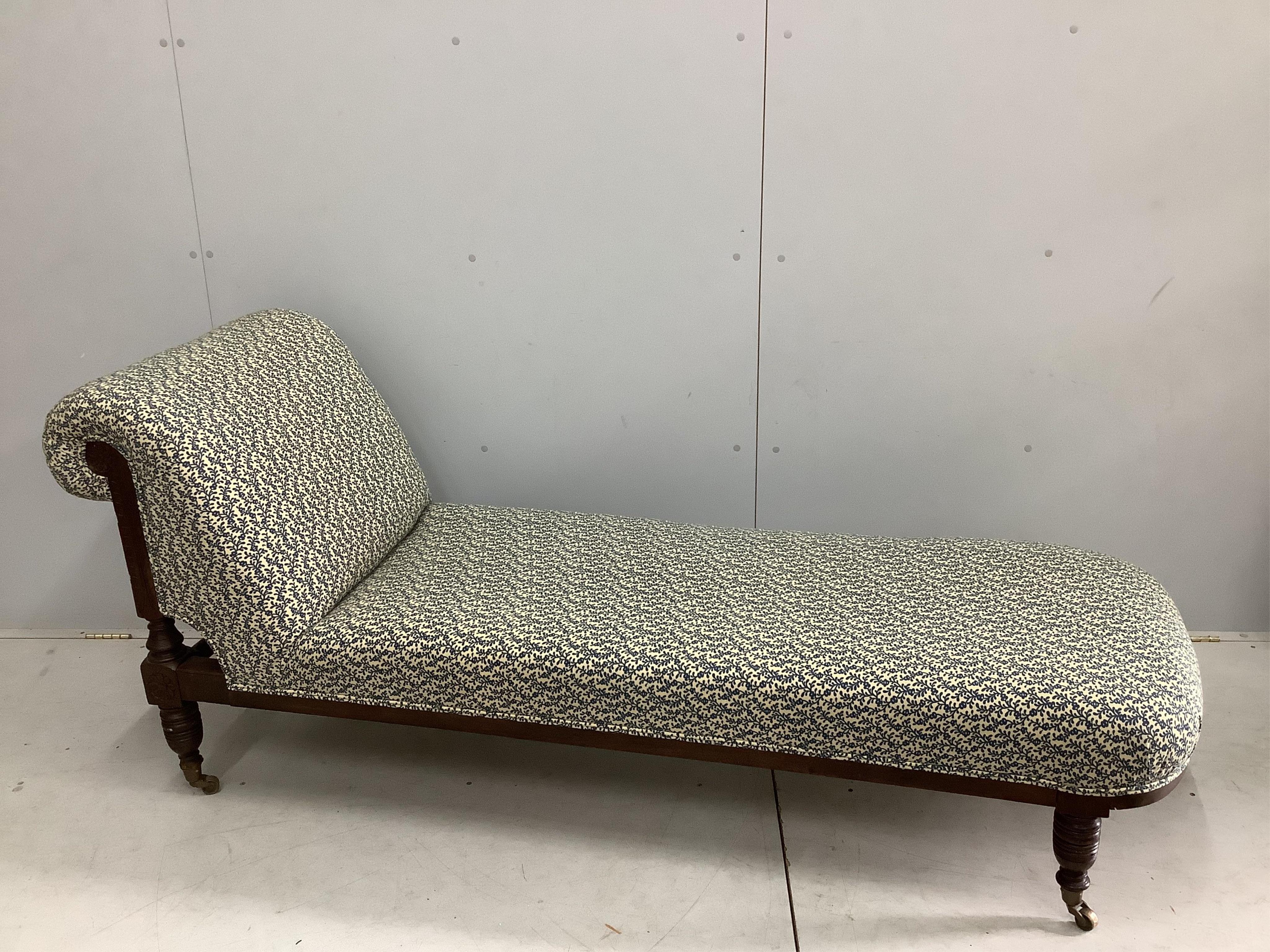 A late Victorian upholstered day bed, length 190cm, width 64cm, height 81cm